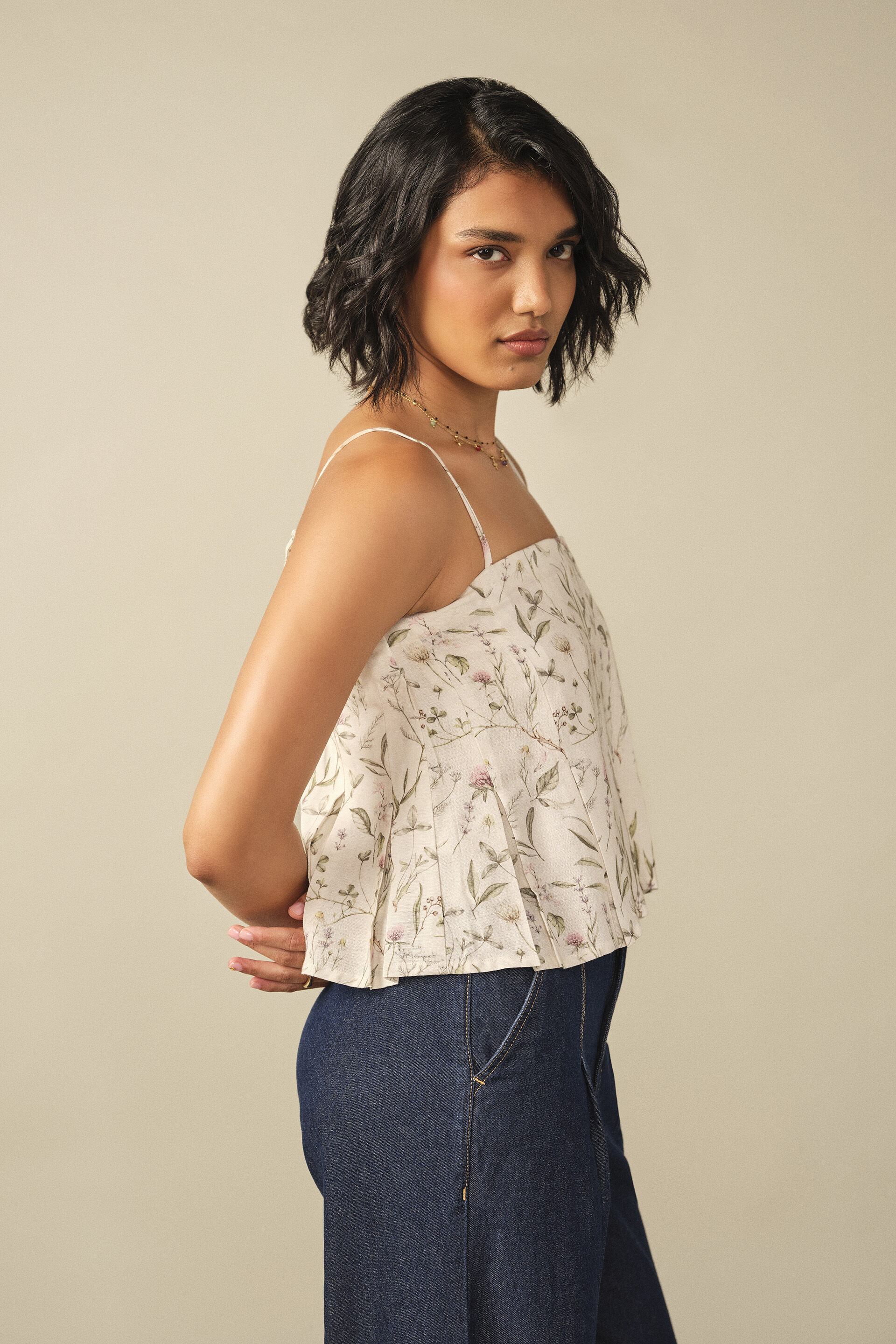 Printed Floral Crop Top in White, White, image 5